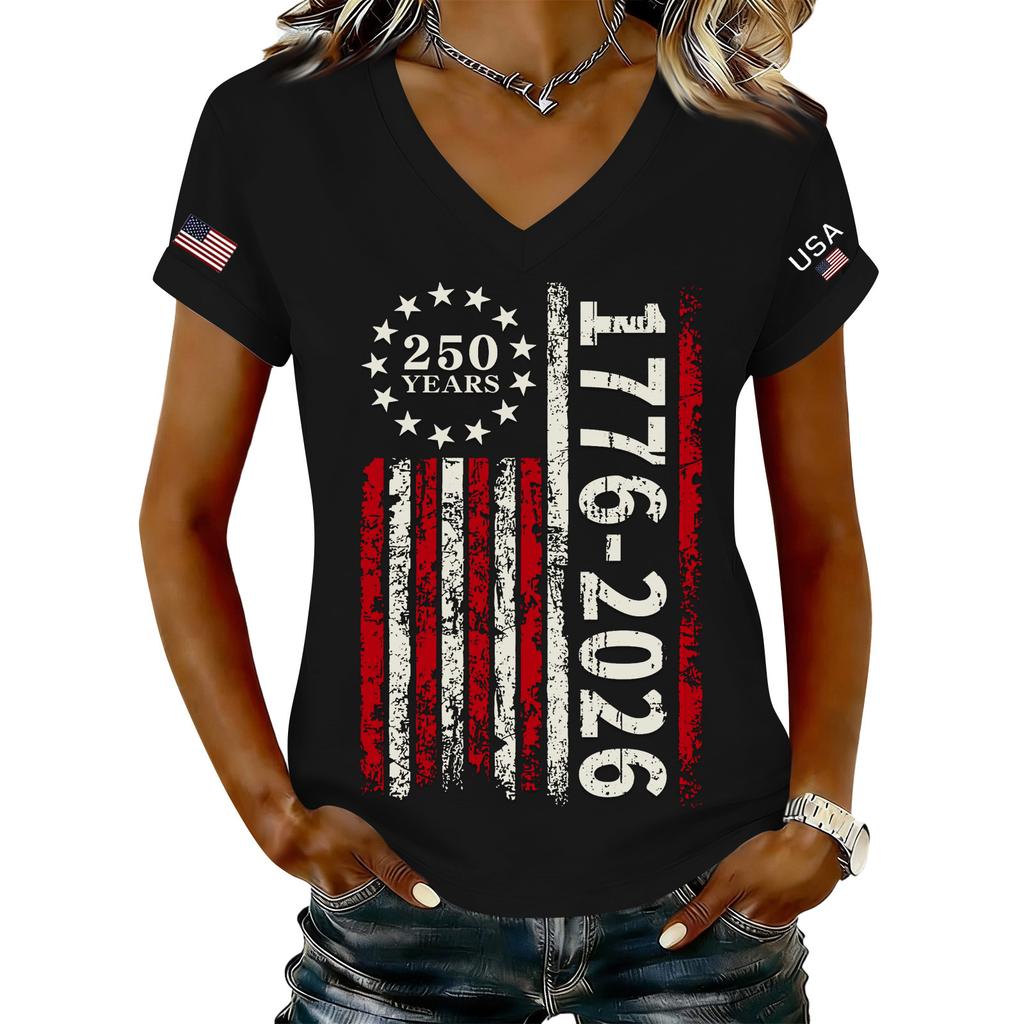 Women's Fashionable V-Neck Casual Retro Print Short Sleeved T-shirt Top