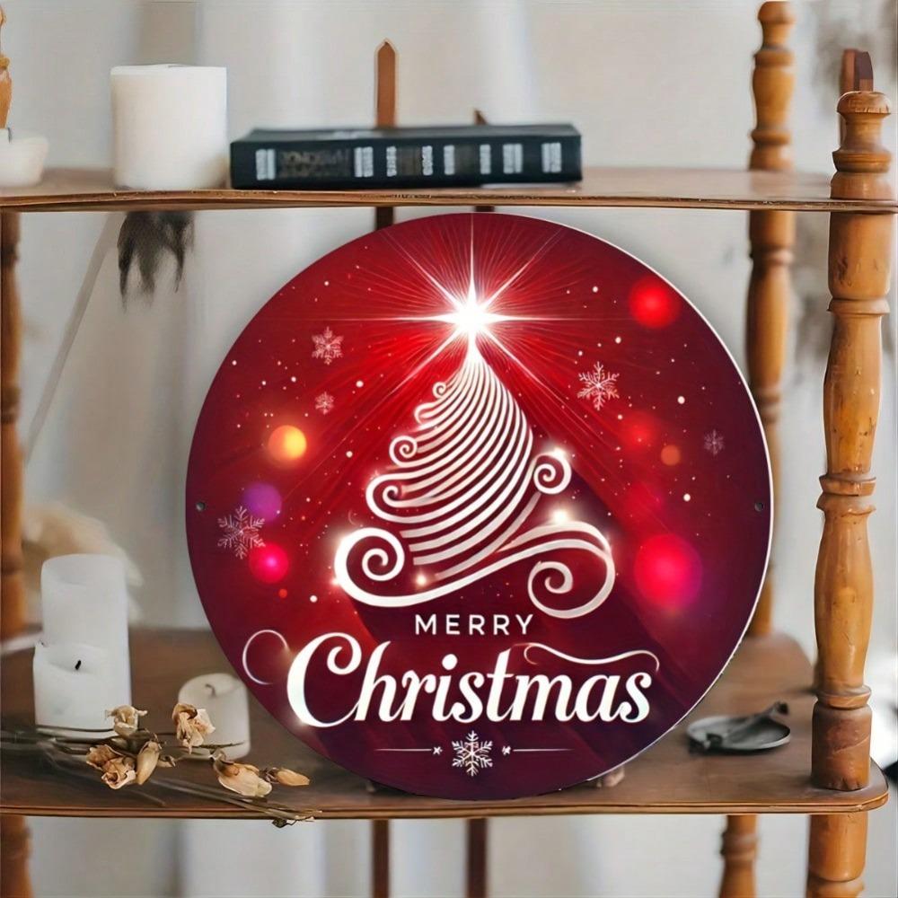 Christmas Round Metal Tin Sign Vintage Wreath Wall Art Holiday Decoration Gift 8 Inch