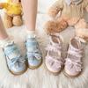 Rimocy Patchworkowe Koronkowe Buty Mary Jane Damskie Skóra PU Urocza Kokardka Płaskie Buty Damskie Platforma Niebieskie Różowe Pasek na Kostkę Buty Lolita