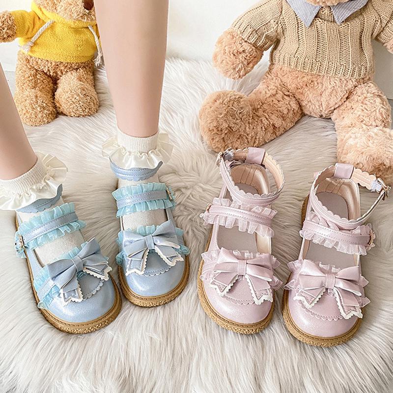 Rimocy Patchworkowe Koronkowe Buty Mary Jane Damskie Skóra PU Urocza Kokardka Płaskie Buty Damskie Platforma Niebieskie Różowe Pasek na Kostkę Buty Lolita
