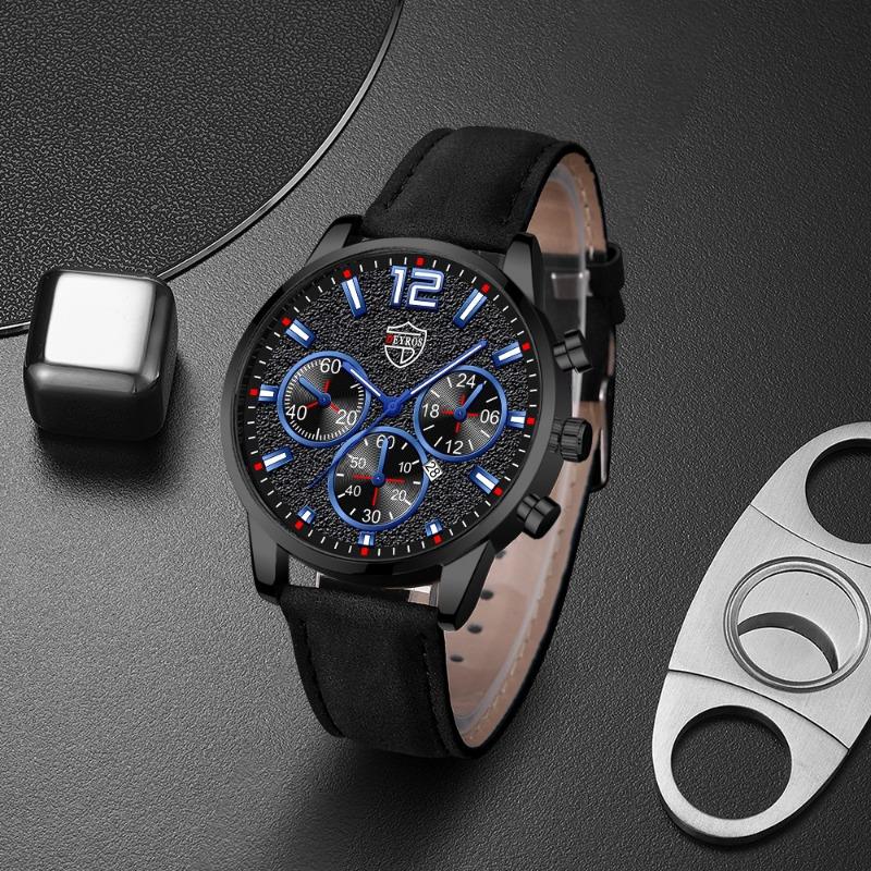 2PCS Set DEYROS Fashion Men's Watch Luxury Men's Leather Strap Calendar Watch Casual Men's Leather Quartz Watch Men's Gifts