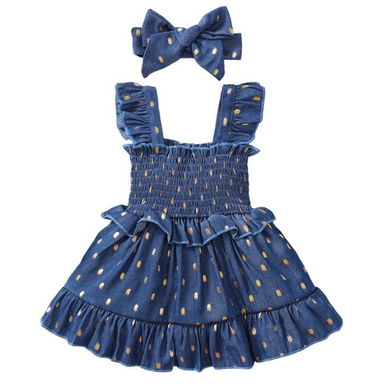 3-24Months Infant Baby Girl Golden Dot Slip Blue Dress Toddler Girl Summer Fashion Party Princess Dresses with Headband 2Pcs Set 68 синий