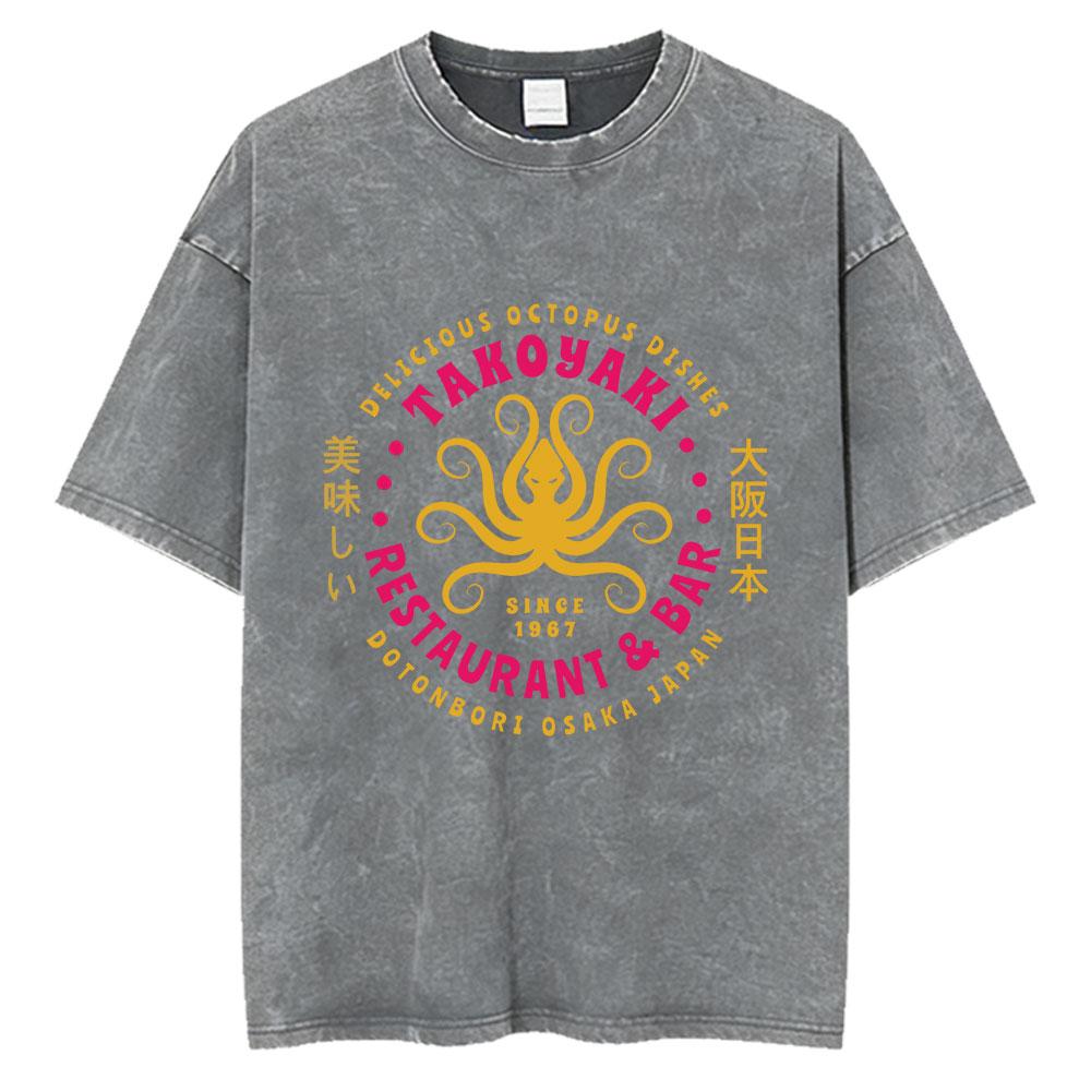 Vintage Washed Osaka Dotonbori Drunken Octopus Takoyaki Funny T Shirts Men Women Retro Japanese Style Oversized Cotton TShirts