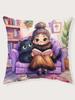 Girl Reading With Black Cat Print Throw Pillow Cover, Cushion Case For Sofa Bedroom Living Room Couch Bed Office Chair Home Deco