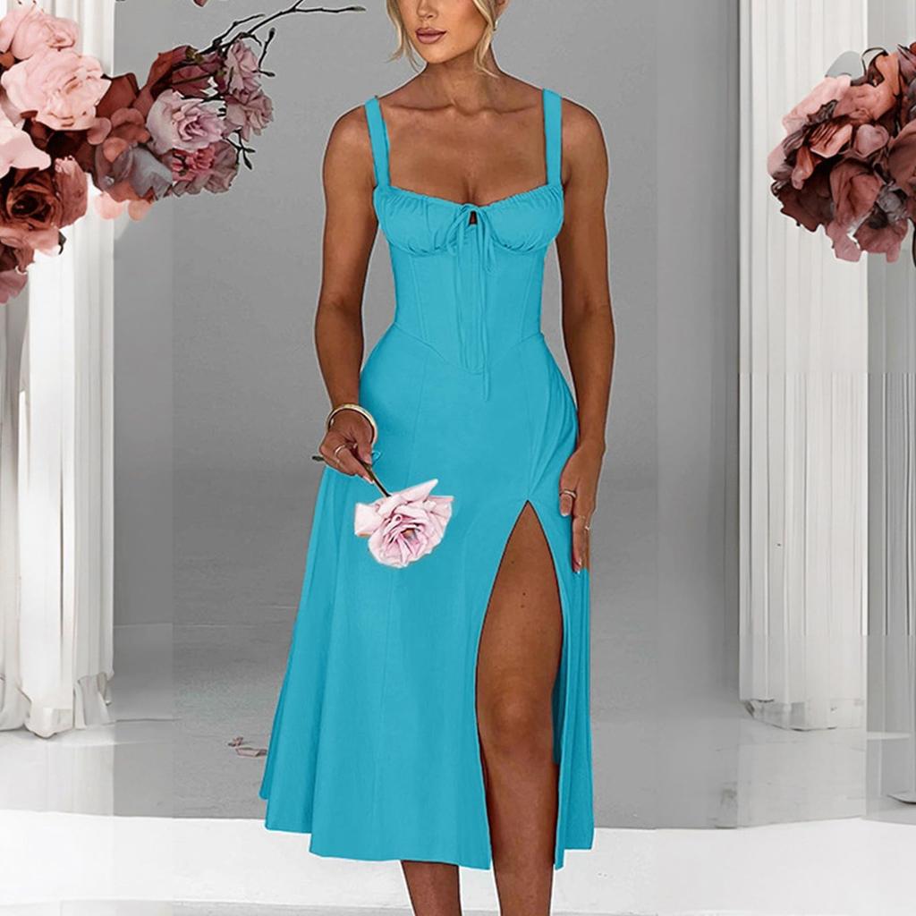 Sukienka damska w jednolitym kolorze, wiązana, dopasowana, z rozcięciem na ramiączkach