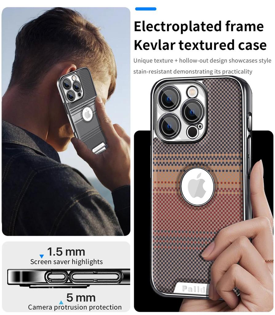 Kevlar Leather Texture Electroplated Anti-Drop Case for iPhone 16 Pro Max/17 Full Cover