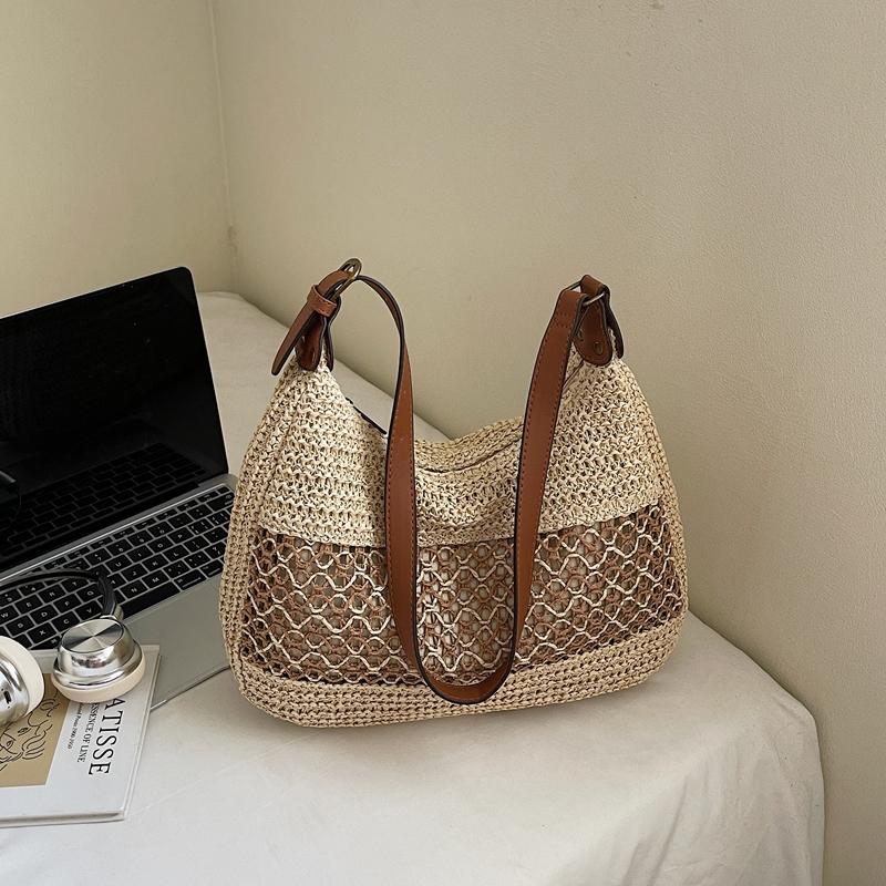 Crochet Mesh Shoulder Bag Women Summer Beach Tote With Leather Strap Natural Style Design