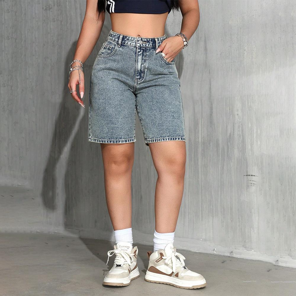 Women's High Waist Denim Shorts Dark Blue Casual Slim Fit Summer Shorts