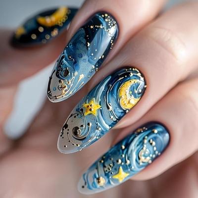 Star Moon Blue Sea Wave Pattern Long Oval False Nail Tips - 24 Piece Set