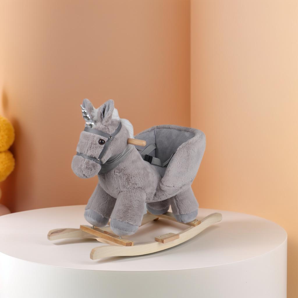 Plush Musical Rocking Horse with Wooden Base, Perfect First Birthday Gift for One-Year-Olds.