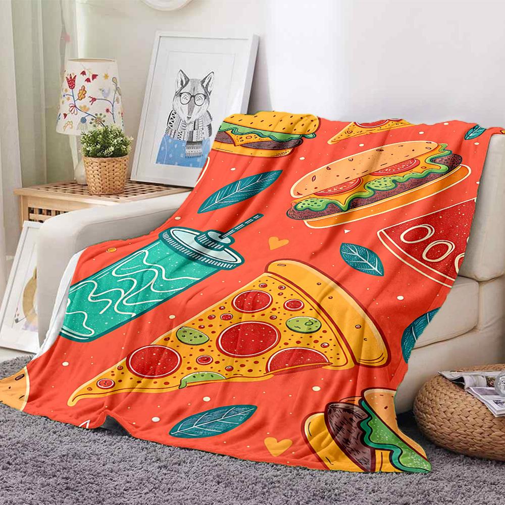 

1pc Burgers Pizza Print Blanket - Lightweight Flannel Blanket For Sofa, Bed, Living Room, Office, Outdoor Travel, Camping, Soft 027 130cmx150cm