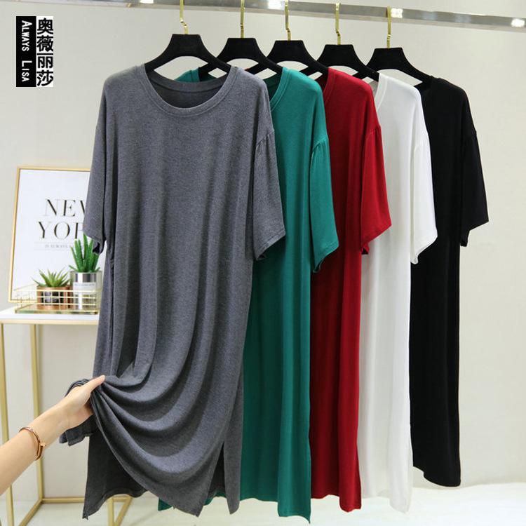 Women's Crew Neck Half Sleeve Midi Dress Loose Fit High Waist Modal Side Split Big Swing Solid Casual Summer Plus Size Long Dress