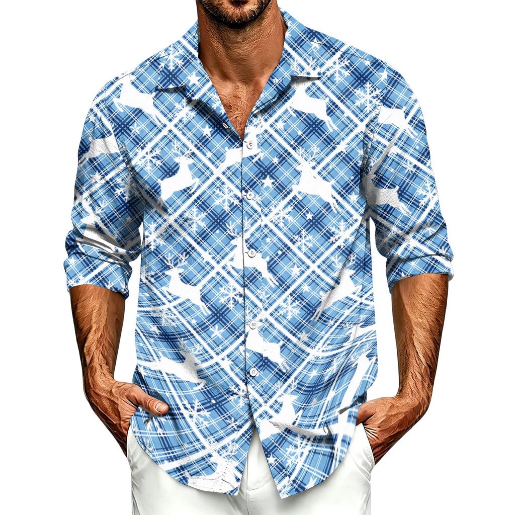 Men's Casual Long Sleeve Shirt with Christmas Print for Spring, Fall and Holiday Casual Wear