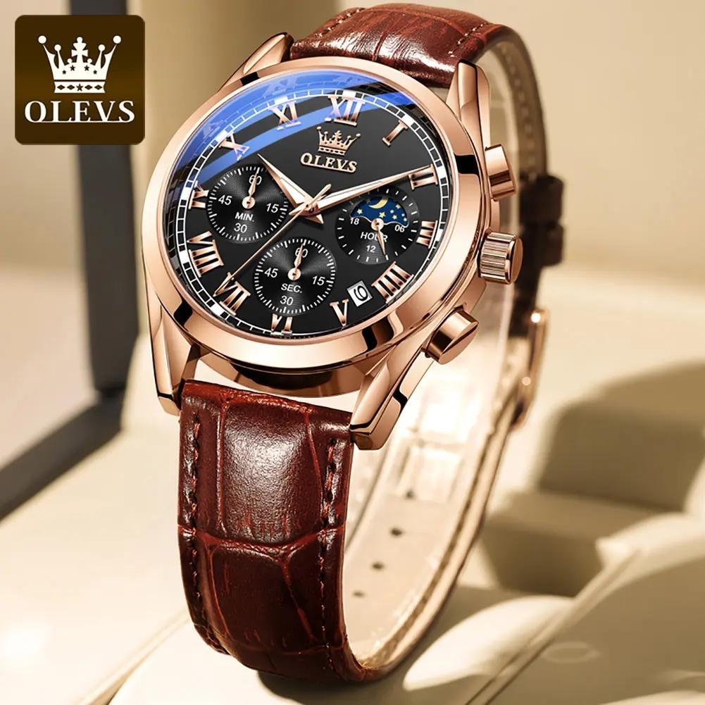 OLEVS 2871 New Fashion Business Luxury Sport Wristwatches 3atm Water Resistant Genuine Leather Quartz Wrist Watches for Men