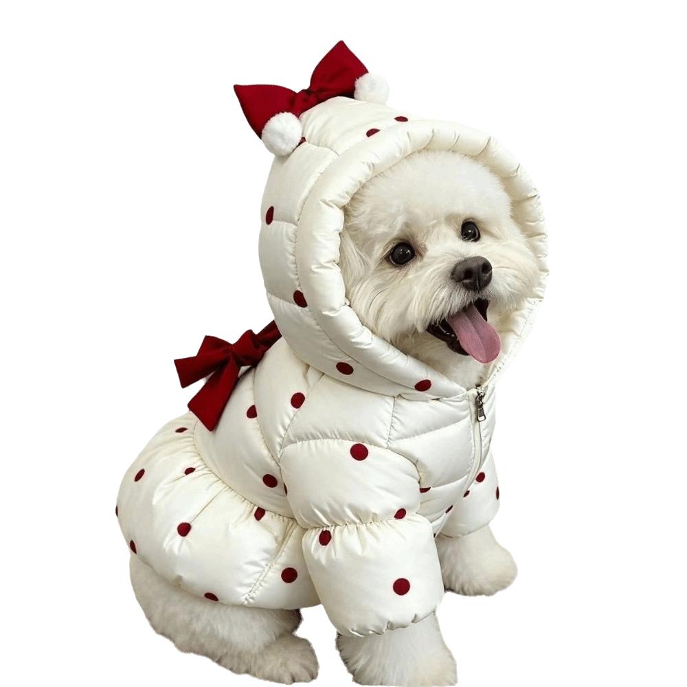 Soft Warm Material Pet Onesie Dress Cozy Fabric Red Bow Pet Clothes Full Body Coverage Zipper cotton-padded jacket Winter Season