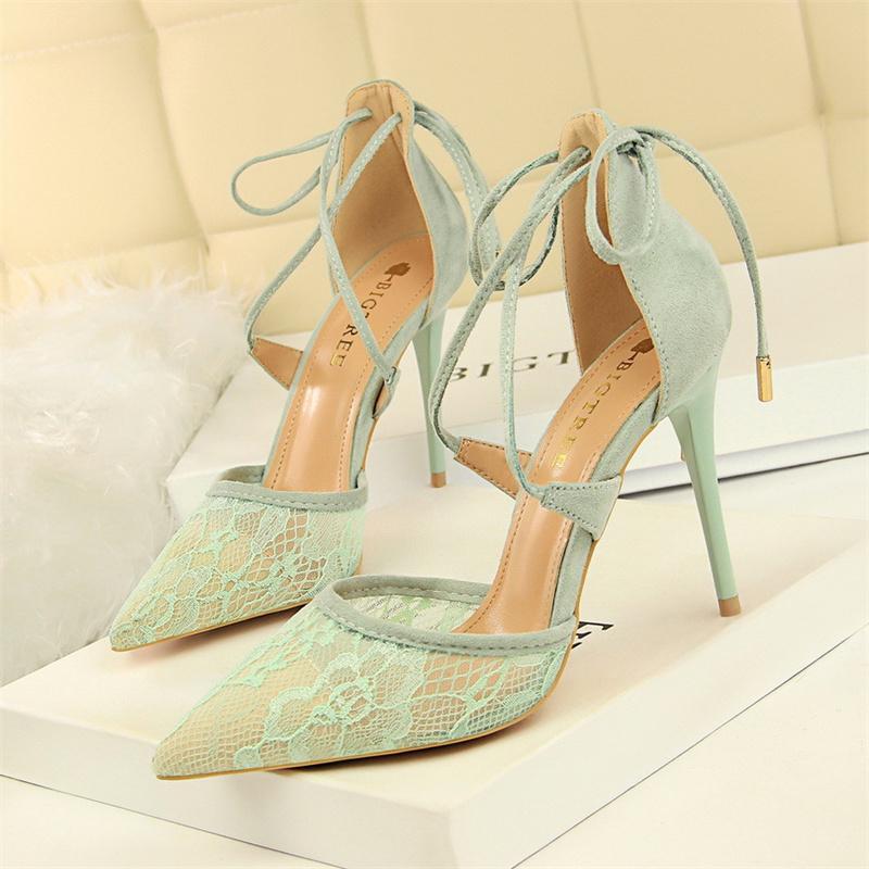 

Fashion 2024 Summer New Fashion Pumps Women s Mesh Shallow Mouth Pointed High Heel Sandals Lace Cross Tied Stiletto Hollow Shoes 35(Foot22.5cm)