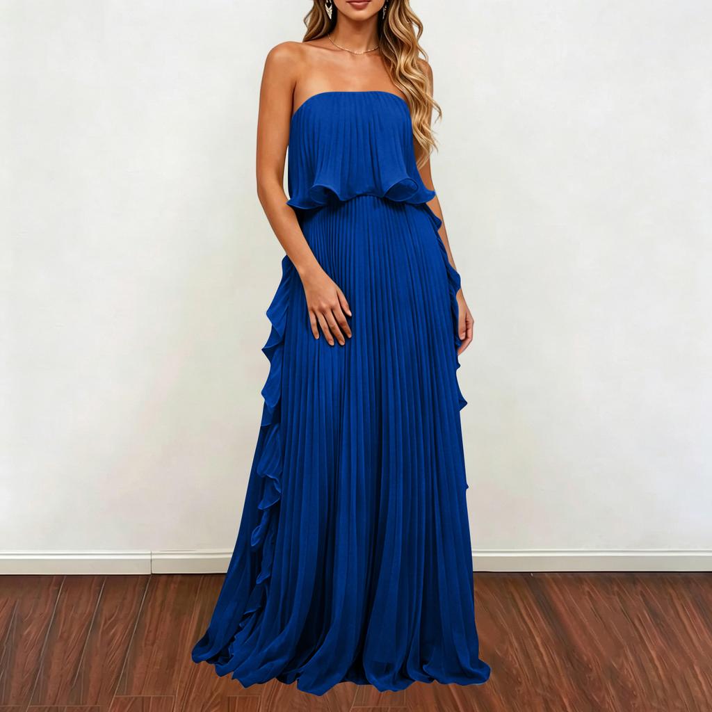 Women Strapless Pleated Maxi Dress Sleeveless Ruffle Hem Chiffon Evening Gown Long Length Summer Fashion Formal Dress