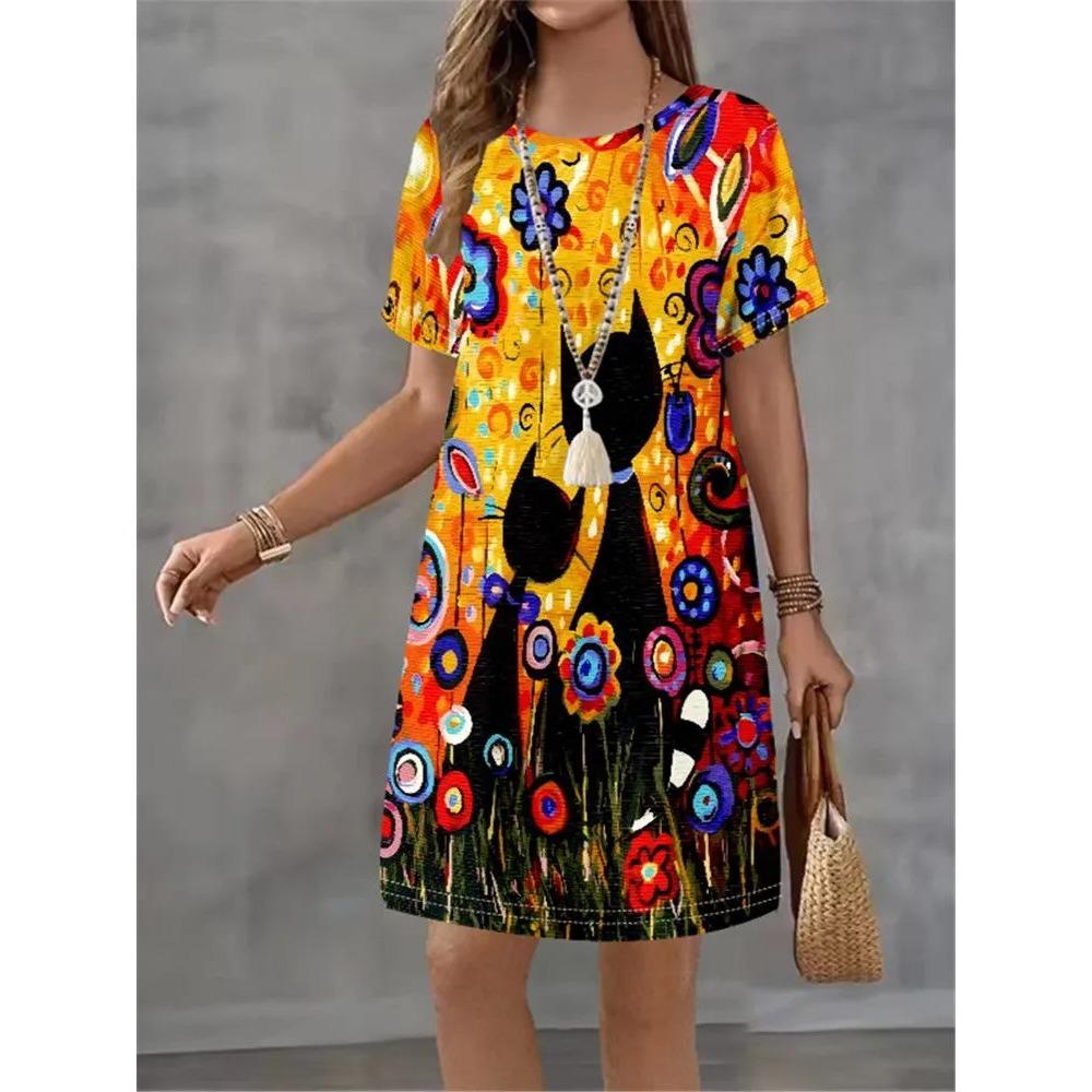 Summer Fashion Cute Rabbit Colorful Animal Printed Dress Ladies Loose Casual Oversized Comfortable Dress