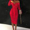 Lady Dress Contrast Colors Off-shoulder V Neck Slim Fit Spring Sheath Dress