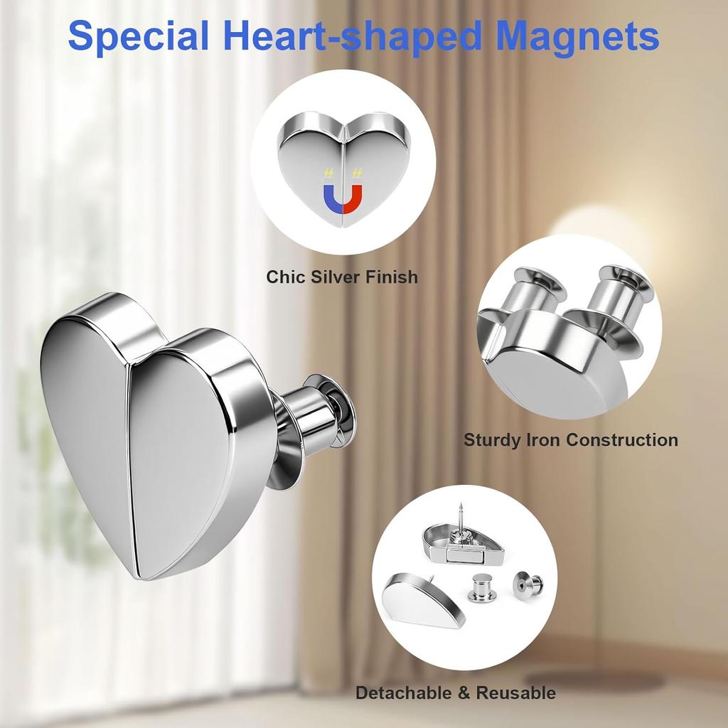 12PCS Heart-shaped Magnetic Curtain Tiebacks, Heavy-duty Zinc Alloy Curtain Clips with Detachable Buckles, Magnetic Curtain Holders.