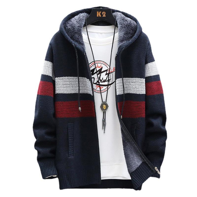 2024 Men's Colorblock Hooded Cardigan: Plus Velvet, Slim Fit, Trendy Plus Size Coat