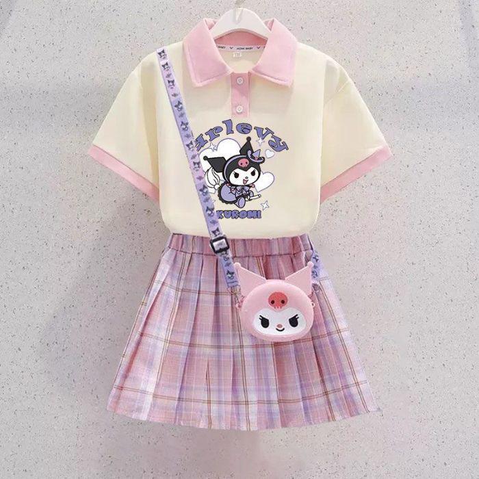 Kuromi Girls' Summer Cartoon JK Skirt Set - Short Sleeve Dress for Middle and Big Kids