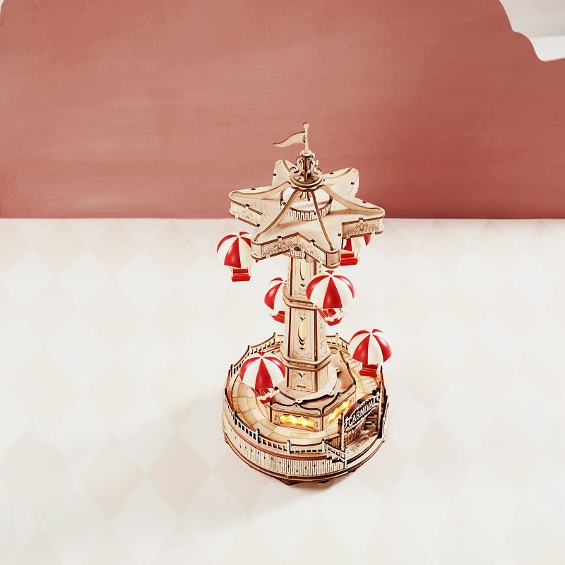 3D Wood Puzzle Amusement Park Series (Parachute Tower) Parasol Attraction Miniature Glowing Rotating Amusement Park with Japanese Instruction Manual