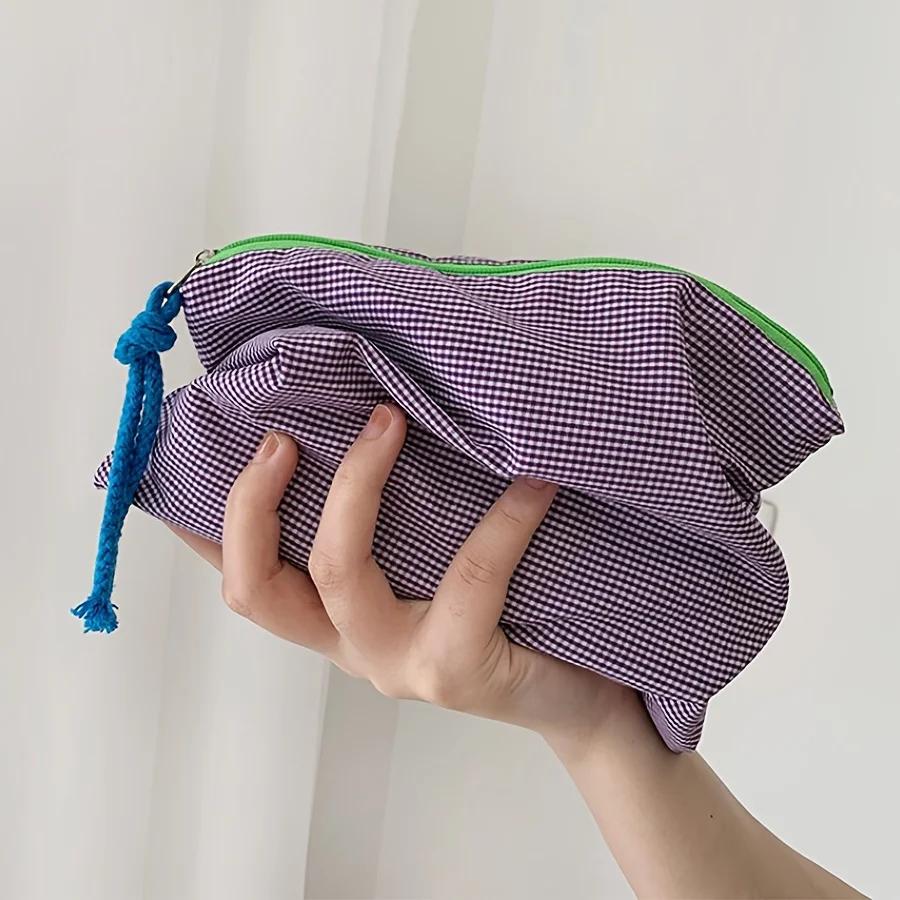 New Women Plaid Makeup Bag Large Capacity Cotton Zipper Pouch Purse Travel Clutch Makeup Bag Cosmetic Zipper Necessarie Feminina