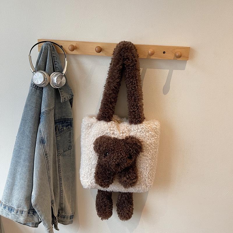 

Женская зимняя плюшевая сумка-тоут в виде мишки Тедди: Универсальная плечевая сумка большой вместимости кофейный/белый