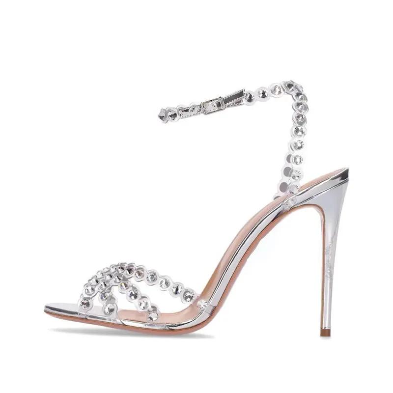 Luxury Rhinestone Designer Women Sandals Sexy Narrow Band Ankle-Wrap Thin High Heels for Women Summer Elegant Banquet Dress Shoe