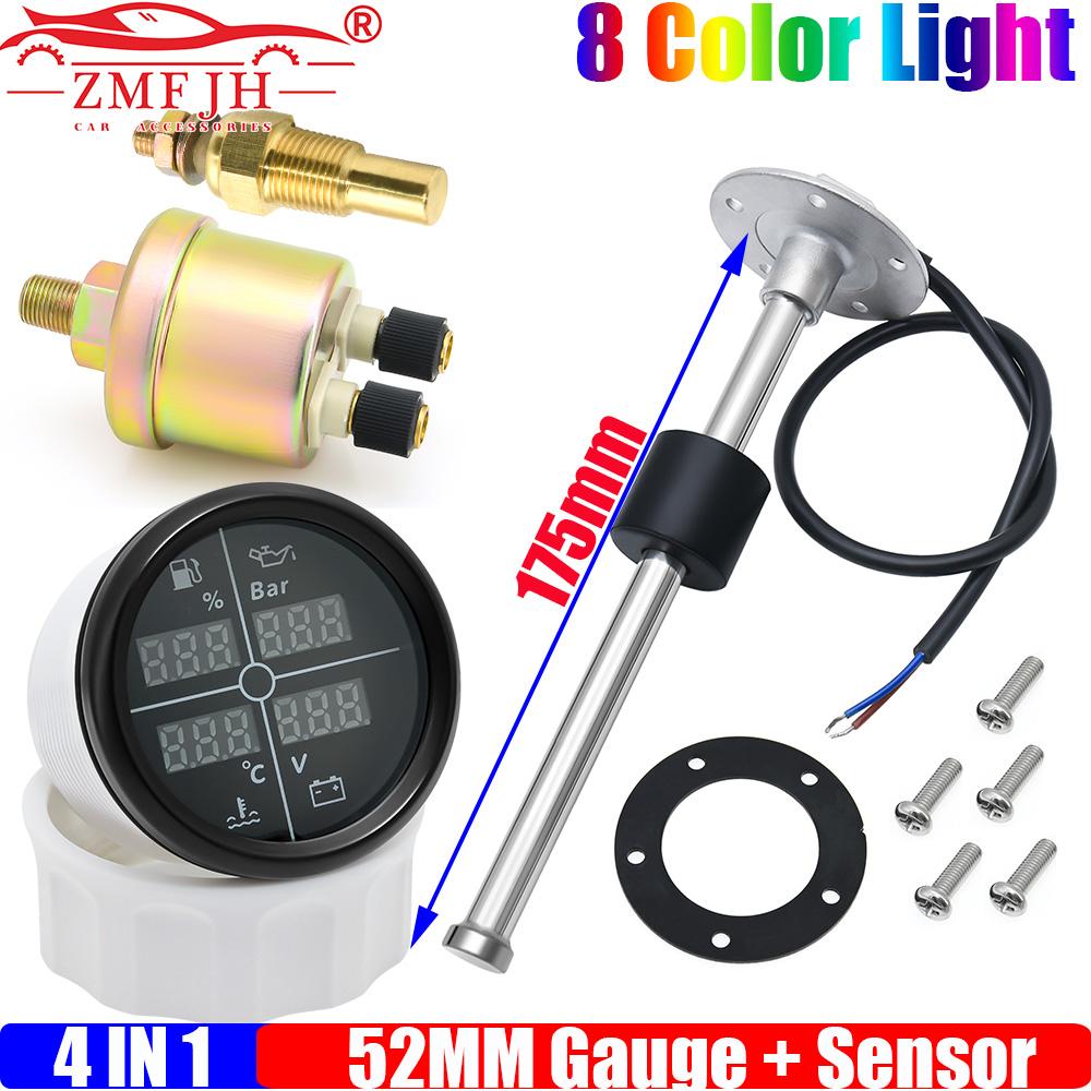 ZMFJH 8 Color LED Multifunctional 52mm Fuel Level Gauge+Oil Pressure+Water Temperature+Voltmeter with Sensor 0-190ohm 100-600mm