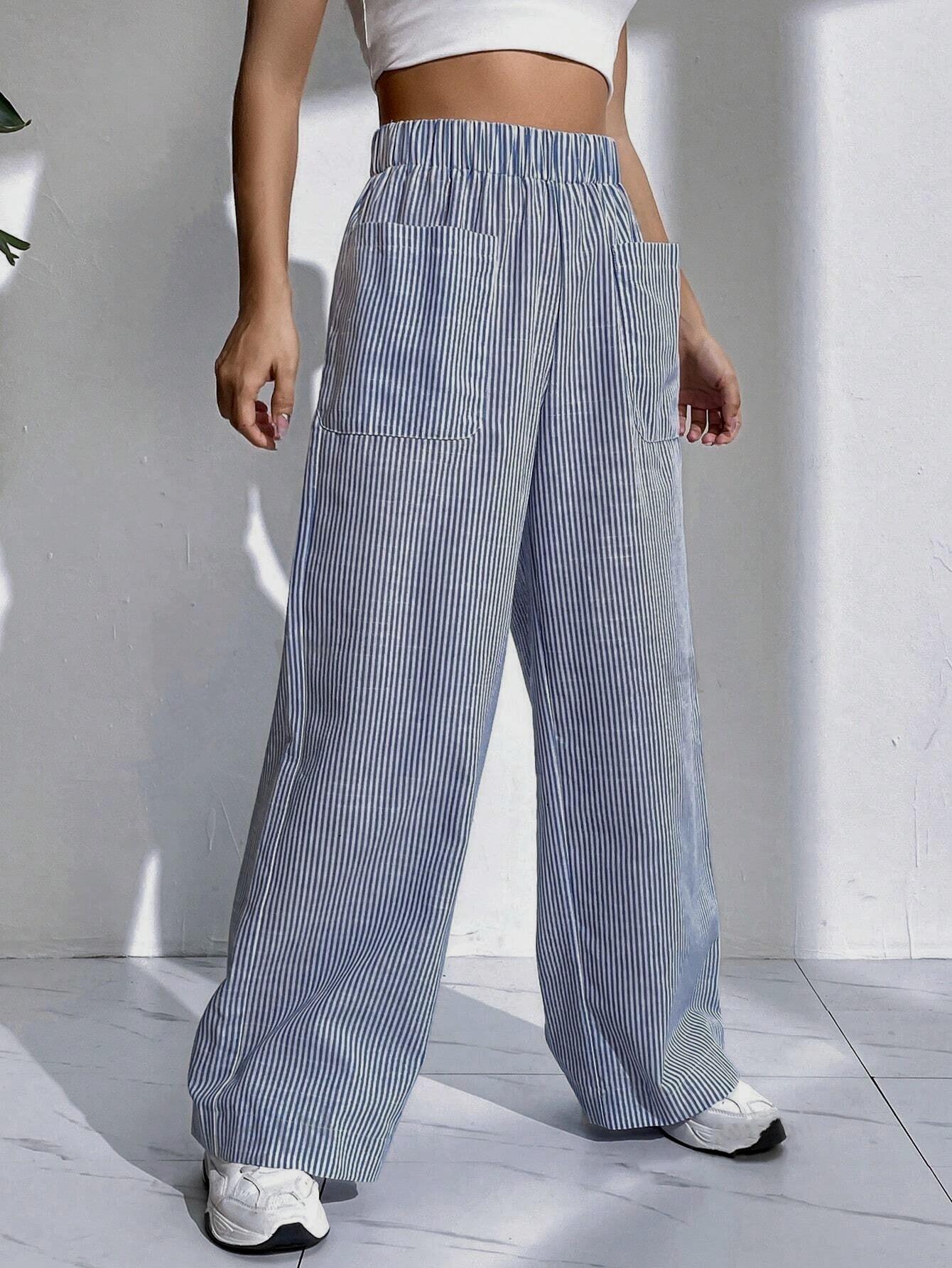 

Женские сине-белые полосатые брюки с широкими штанинами и карманами, удобные повседневные брюки с высокой посадкой XXL тёмно-синий