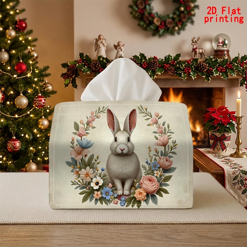 2D Flat 1pc, Tissue Box. Rabbit Wreath Pattern Napkin Paper Dispenser, Reusable, Daily Desktop Tissue Storage Box, Suitable for Kitchen Living Room Be