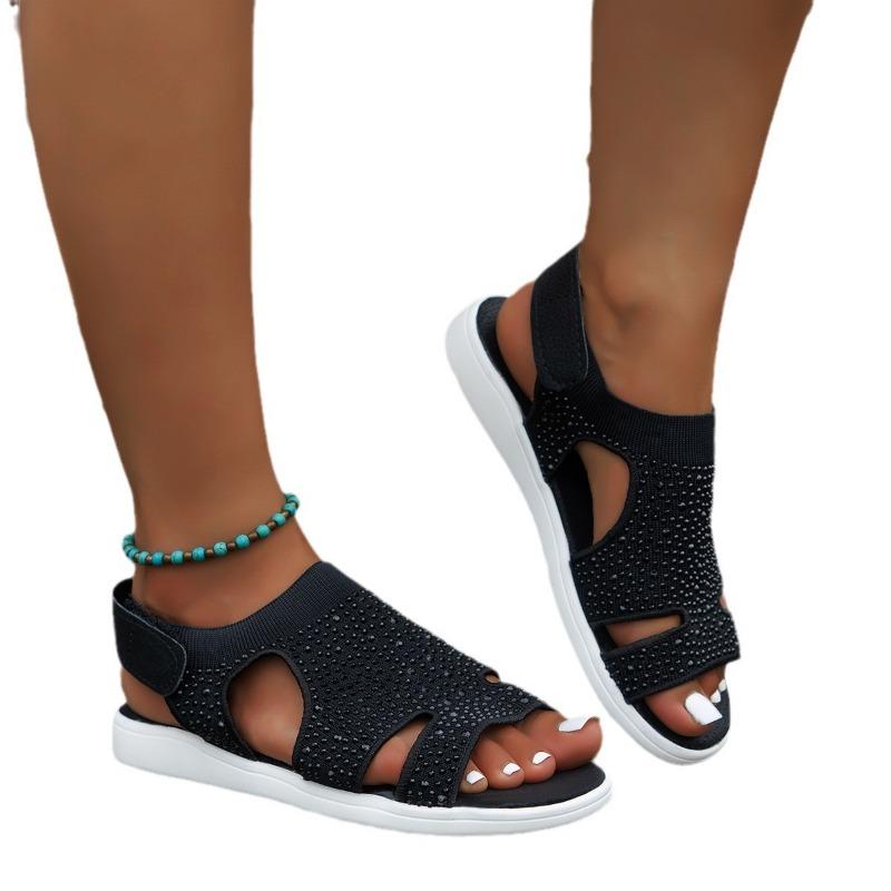 Large size flat-bottomed wind knitted rhinestone sandals women's elastic fly-woven casual sandals women's shoes