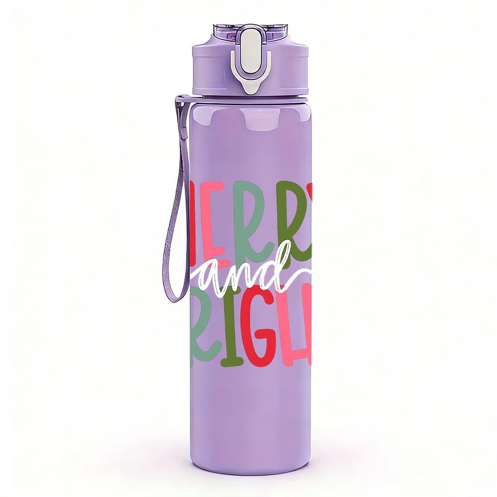 1PC Merry And Bright Festive Letter Text Print 750ml Color Plastic Sports Water Bottle Leakproof Flip Straw Lid Suitable for Sports Office Home Use