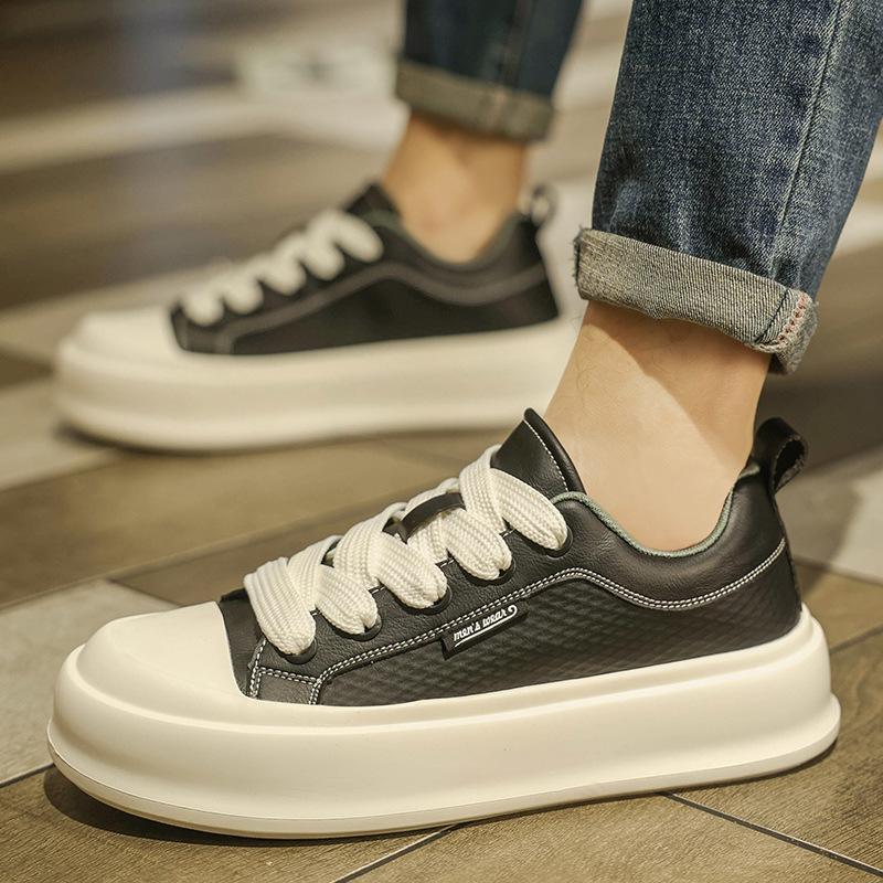 Thick-soled new round head leather surface breathable casual shoes four seasons new low-top wear-resistant board shoes