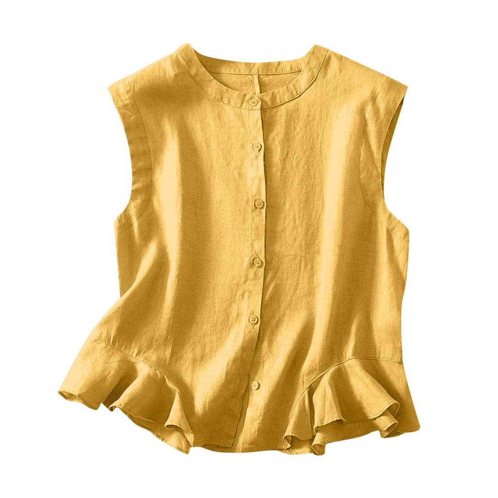 Women's Minimalist Loose Fit Cotton Linen Blend Elegant Tank Top With Ruffled Hem And Button Detail