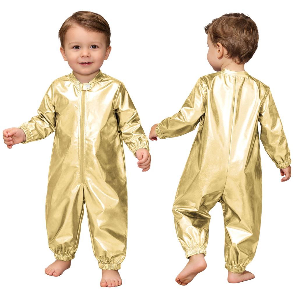 Kleinkind Baby Jungen Mädchen Metallischer Strampler Rundhals Langarm Reißverschluss Vorne Overall für Geburtstag Mottoparty Fotografie