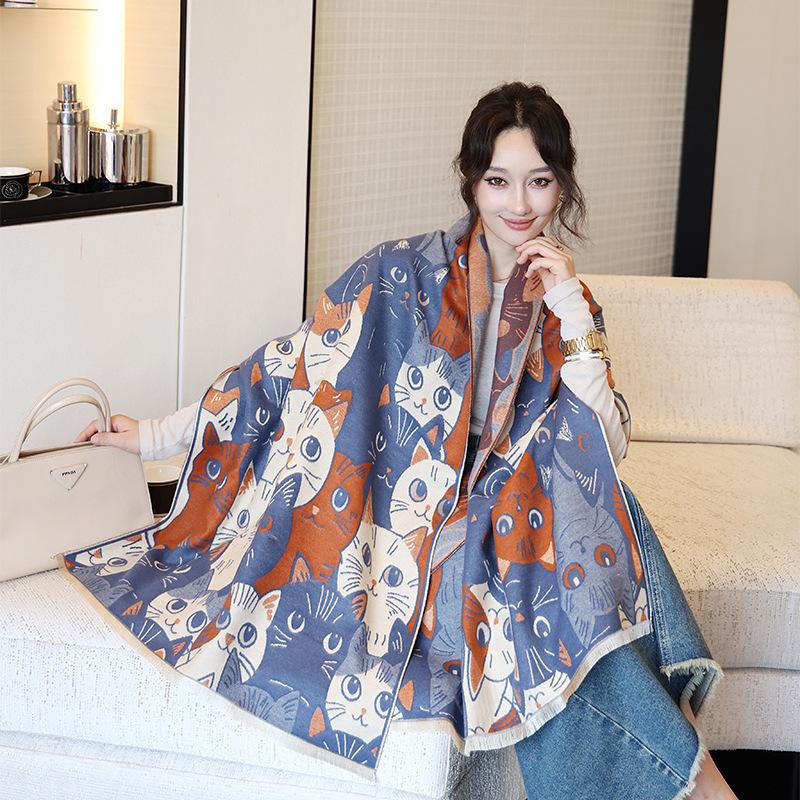 New Double Sided Cute Cat Imitation Cashmere Scarf for Women In Autumn and Winter Thickened and Warm Versatile Shawl  Fashionable Scarf