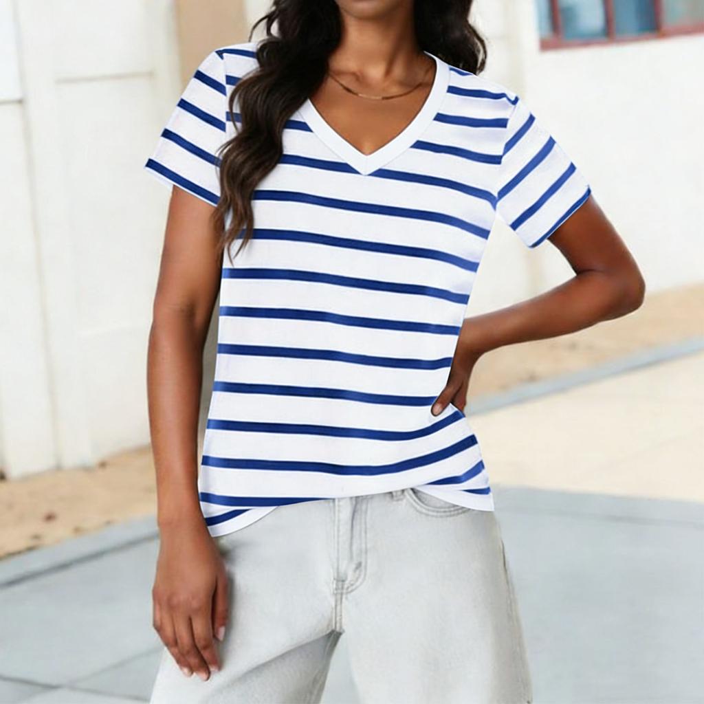 Ladies' Casual Fashion Striped Printed Short Sleeved Shirt