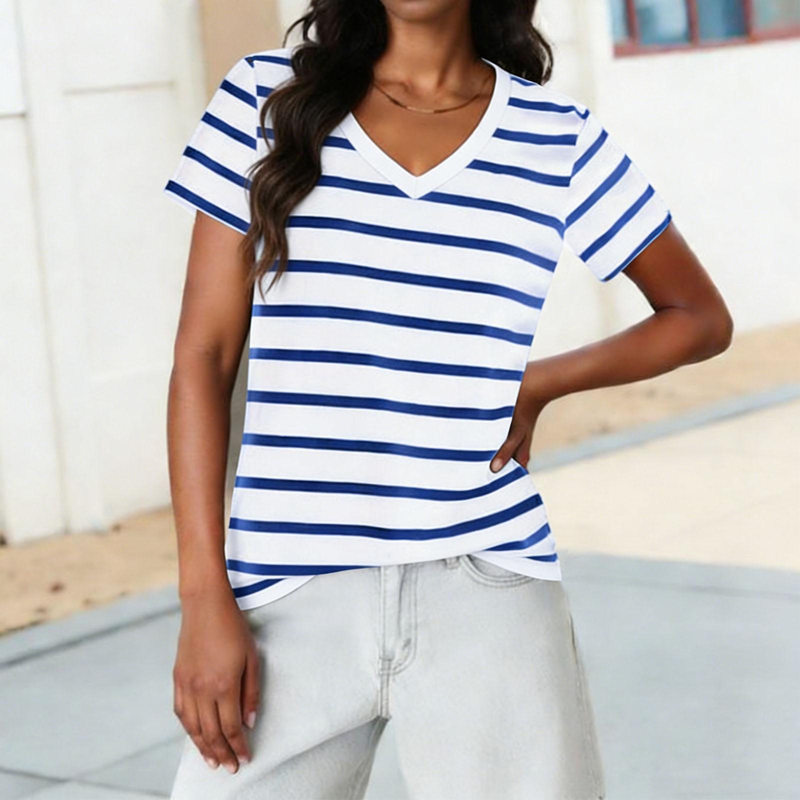 Ladies  Casual Fashion Striped Printed Short Sleeved Shirt L синий