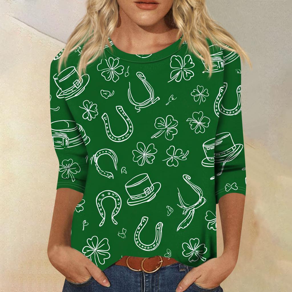 Damen Modisches Lässiges Dreiviertelarm Bedrucktes Rundhals-Top