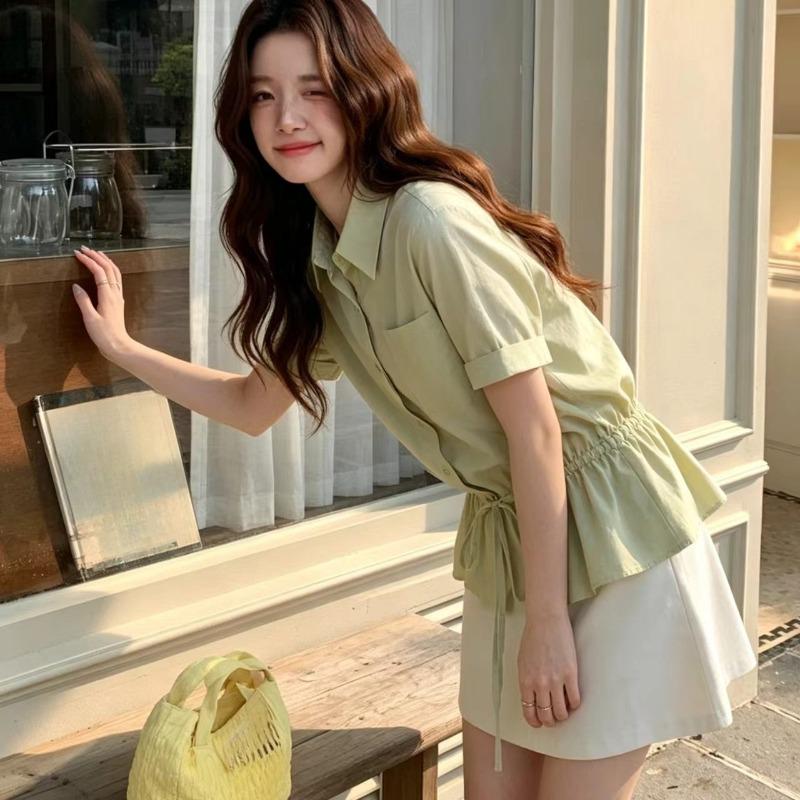 Women's Mint Green Shirt Ladies' Waist Cinching Tie Short Sleeves Blouse Summer New Female Korean Version Casual Slimming Top