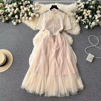 Summer Plaid Hollow Out Embroidery Runway Dress Women's Stand Short Sleeve Beige Stitching Mesh Tulles Bow Lace Up Party Dresses