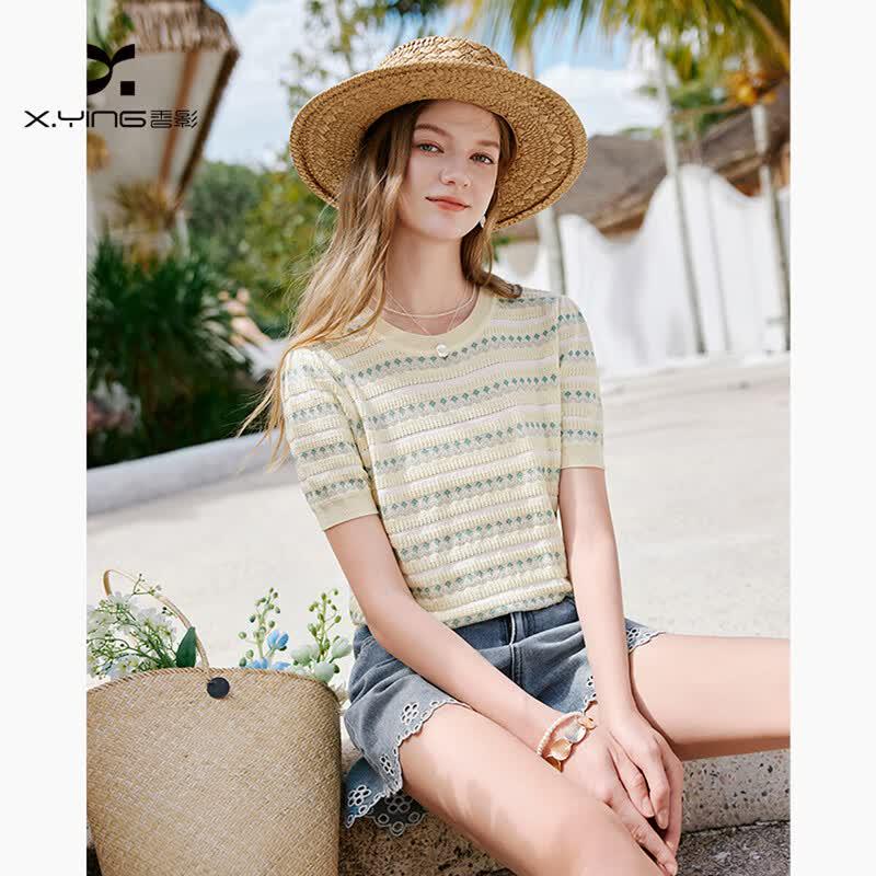 Women's Striped Embroidered Knit Short-Sleeve Top