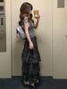 Women's Retro Gray Plaid Patchwork Layered Long Skirt with Heavy Embroidery For Autumn/Winter