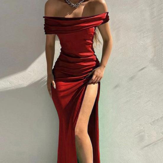 Bankettkleid Bandeau Schulterfrei Ärmellos Hoher Seitenschlitz Einfarbig Ausgehen Plissee Knöchellang Ballkleid Damenkleidung