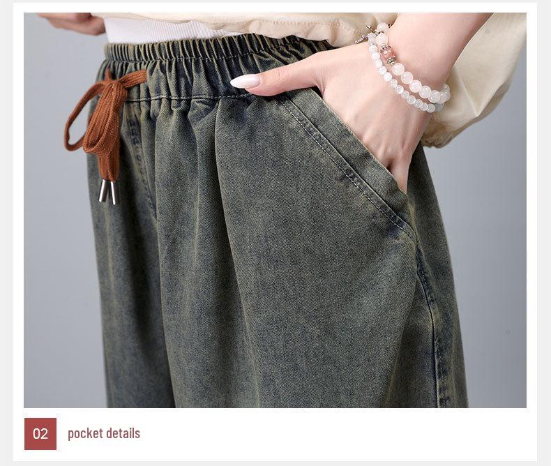 Pantaloni de damă retro brodați cu picior larg din denim cu șnur, talie înaltă, croi scurt pentru vara 2024