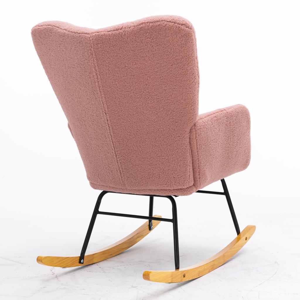 009 Mid Century Modern Rocking Chair made of Teddy Fabric with Tufted Cover, Padded Seat for Living Room and Bedroom, Pink