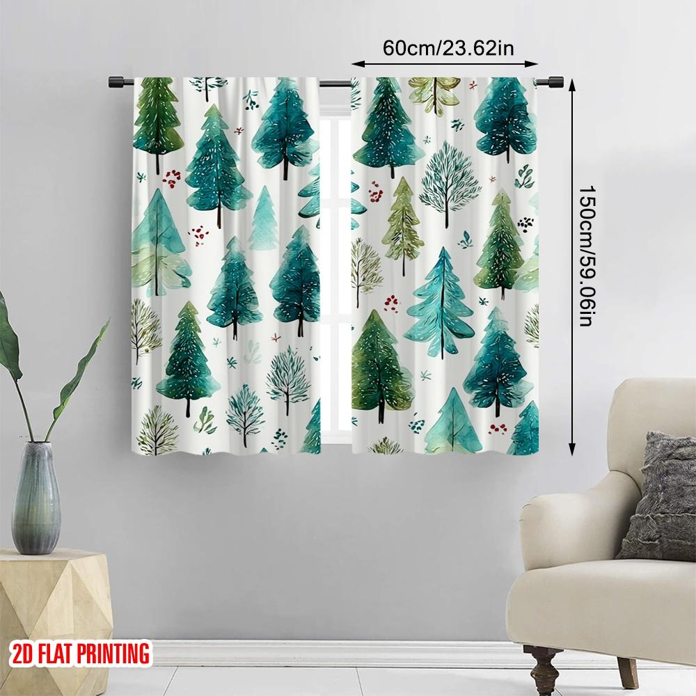 2pcs 2D flat printing St Patrick's Day Window Drapes Watercolor Christmas Tree Design 100% Polyester Without Electricity Festive